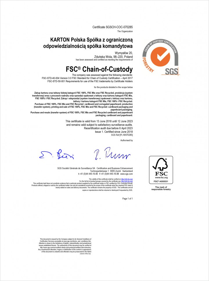 Karton Polska | Certyfikat FSC® Chain-of-Custody