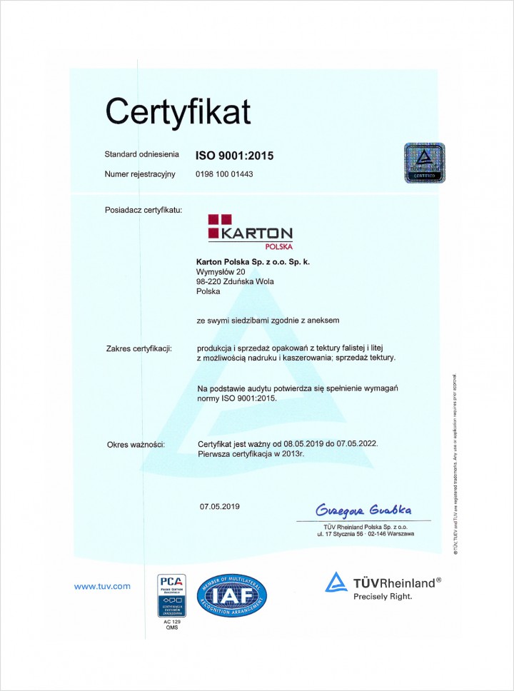 Karton Polska | Certyfikat ISO 9001:2015